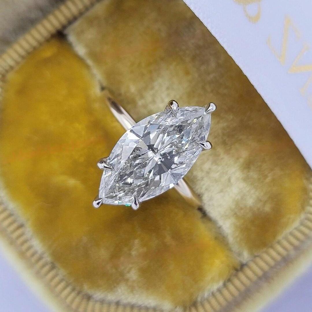 4CT Marquise Cut Moissanite 6 Prong Hidden Halo Engagement Ring In Sterling Silver