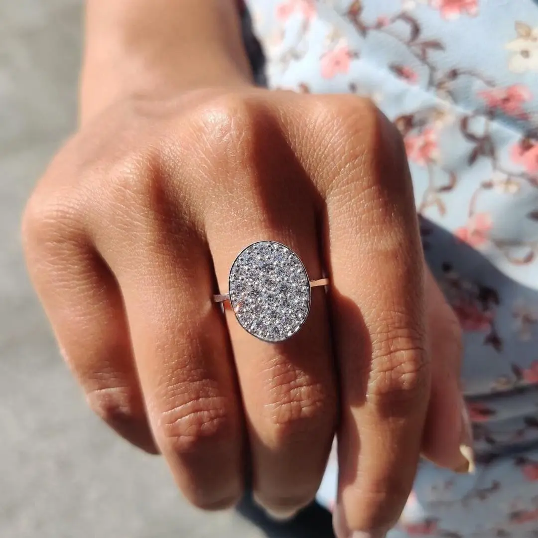 0.77CT Colorless Round Moissanite Oval Shaped Cluster Engagement Ring In Sterling Silver