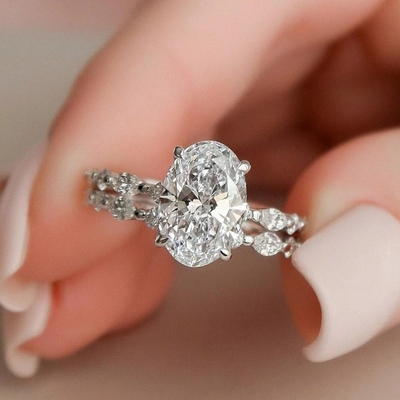 2CT Oval Cut Moissanite Halo Bridal Engagement Ring Set In Sterling Silver