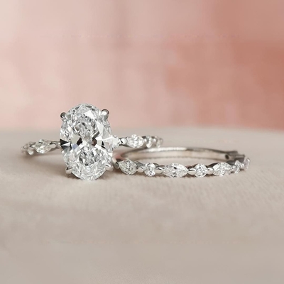 2CT Oval Cut Moissanite Halo Bridal Engagement Ring Set In Sterling Silver