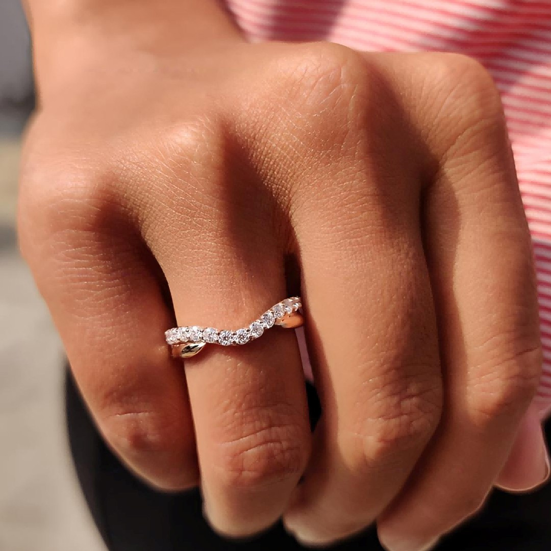 2.0 MM Round Cut Colorless Moissanite Curved Wedding Band In Sterling Silver