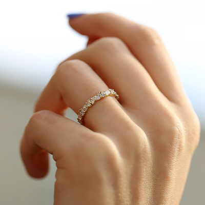 0.66CT Marquise & Round Moissanite Stackable Wedding Band In Sterling Silver