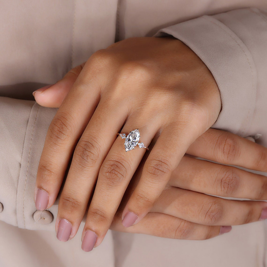 2CT Marquise Moissanite Center Stone Engagement Ring With Kite Cut Diamond Accents In Sterling Silver
