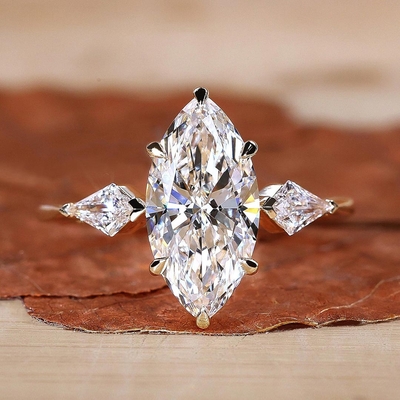 2CT Marquise Moissanite Center Stone Engagement Ring With Kite Cut Diamond Accents In Sterling Silver