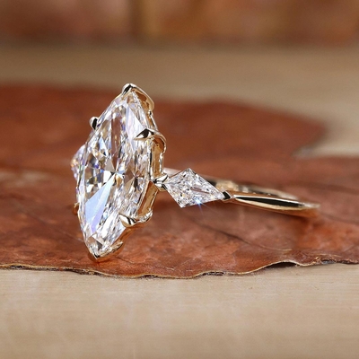 2CT Marquise Moissanite Center Stone Engagement Ring With Kite Cut Diamond Accents In Sterling Silver