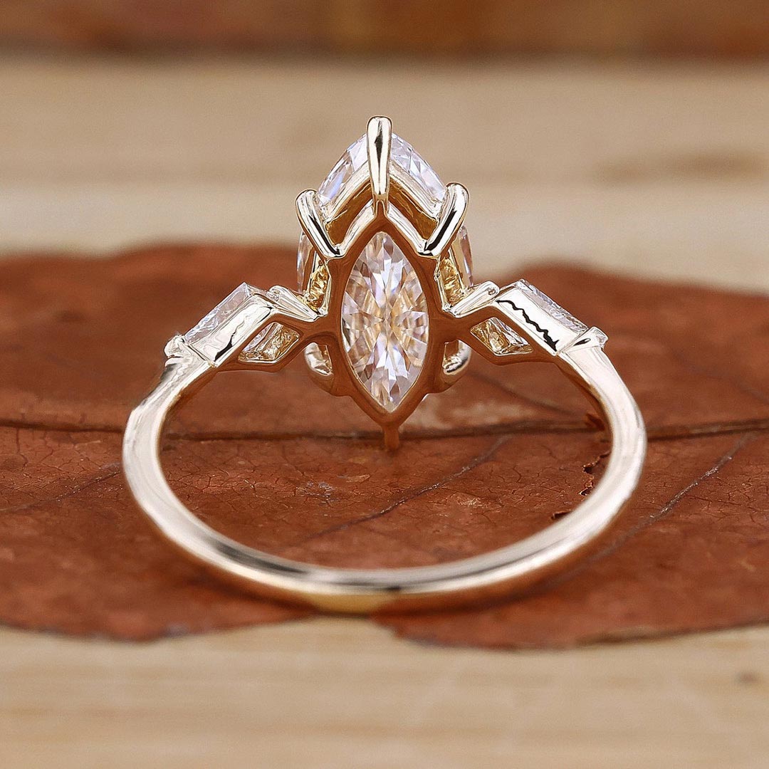 2CT Marquise Moissanite Center Stone Engagement Ring With Kite Cut Diamond Accents In Sterling Silver
