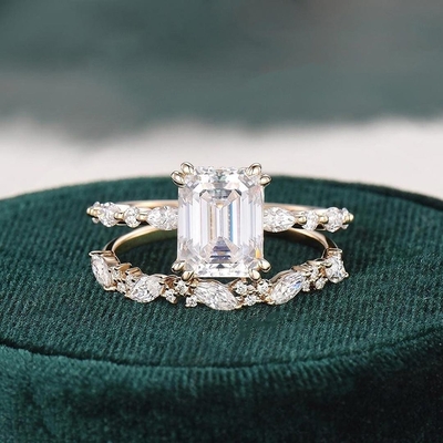 2CT Emerald Cut Center Stone And Marquise Cut Moissanite Engagement Ring Sets In Sterling Silver