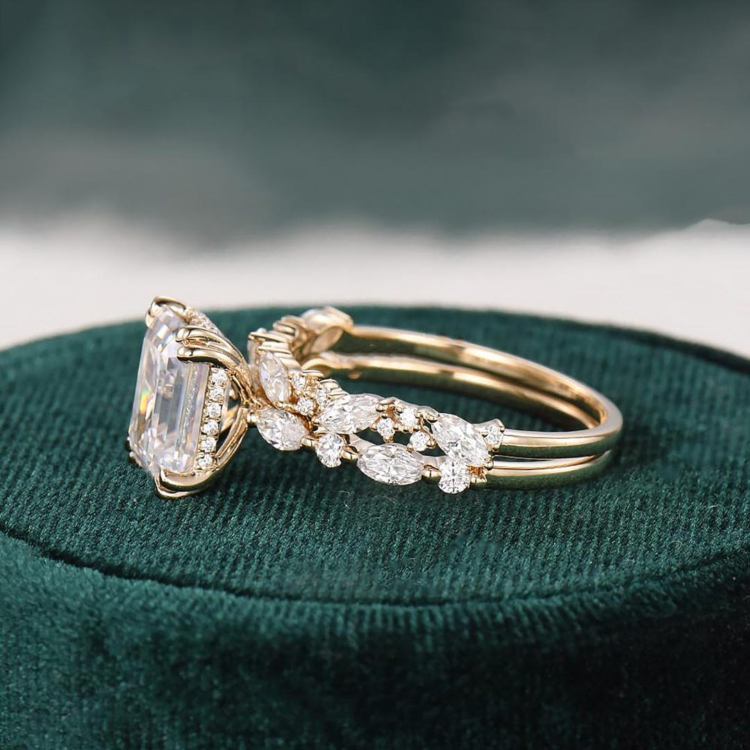 2CT Emerald Cut Center Stone And Marquise Cut Moissanite Engagement Ring Sets In Sterling Silver