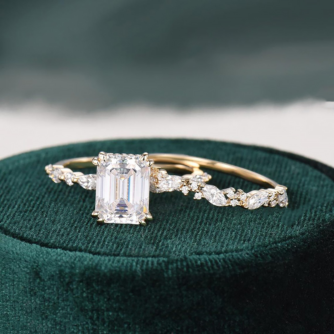 2CT Emerald Cut Center Stone And Marquise Cut Moissanite Engagement Ring Sets In Sterling Silver