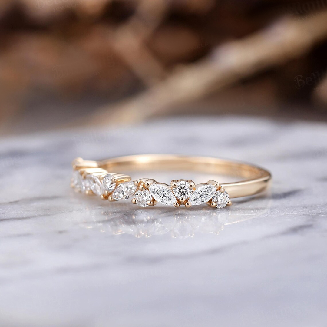 0.73CT Marquise & Round Cut Moissanite Wedding Band In Sterling Silver