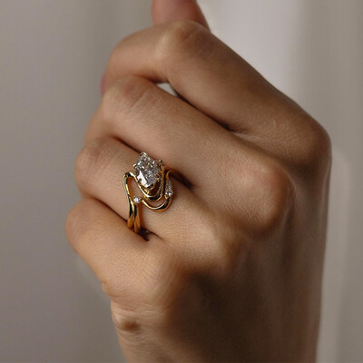 1.5CT Marquise & Round Cut Moissanite Engagement Ring In Sterling Silver