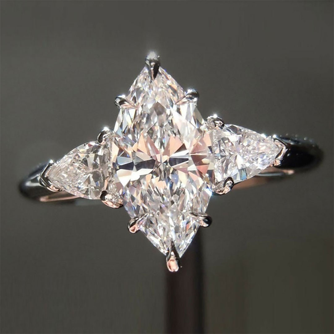 2CT Marquise & Triangle Cut Moissanite Engagement Ring In Sterling Silver