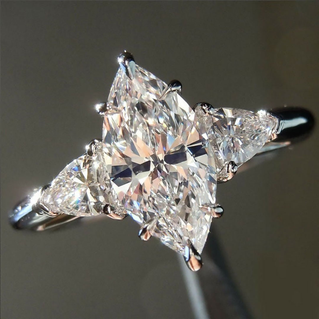 2CT Marquise & Triangle Cut Moissanite Engagement Ring In Sterling Silver