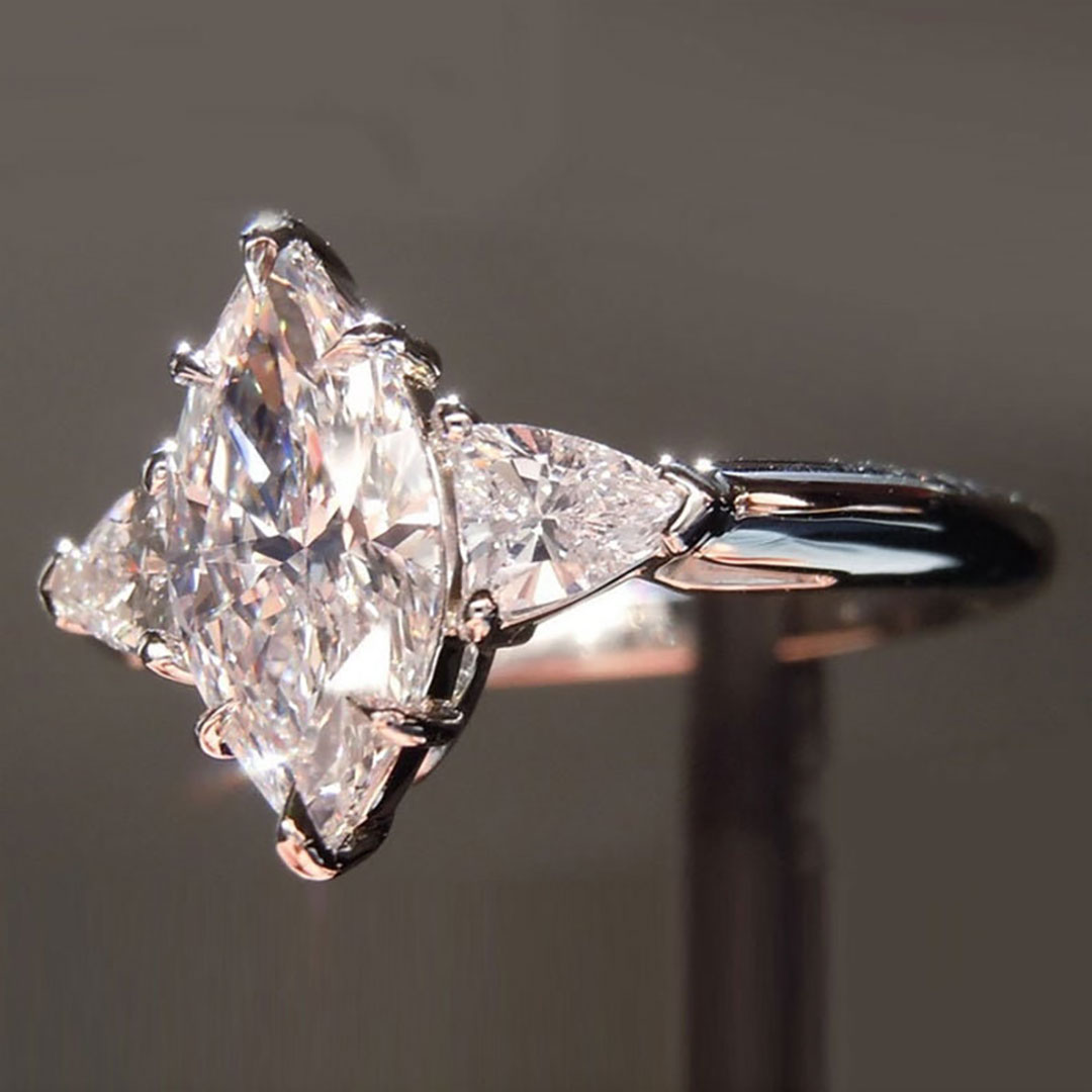 2CT Marquise & Triangle Cut Moissanite Engagement Ring In Sterling Silver