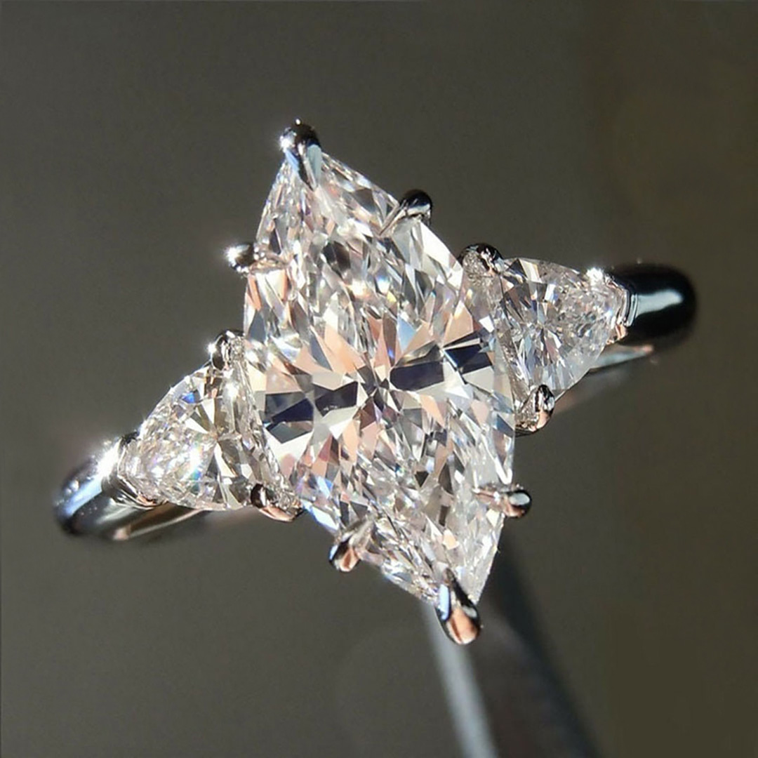2CT Marquise & Triangle Cut Moissanite Engagement Ring In Sterling Silver
