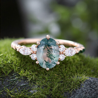 1.65CT Oval Cut Moss Agate With Round & Marquise Cut Moissanite Engagement Ring In Sterling Silver