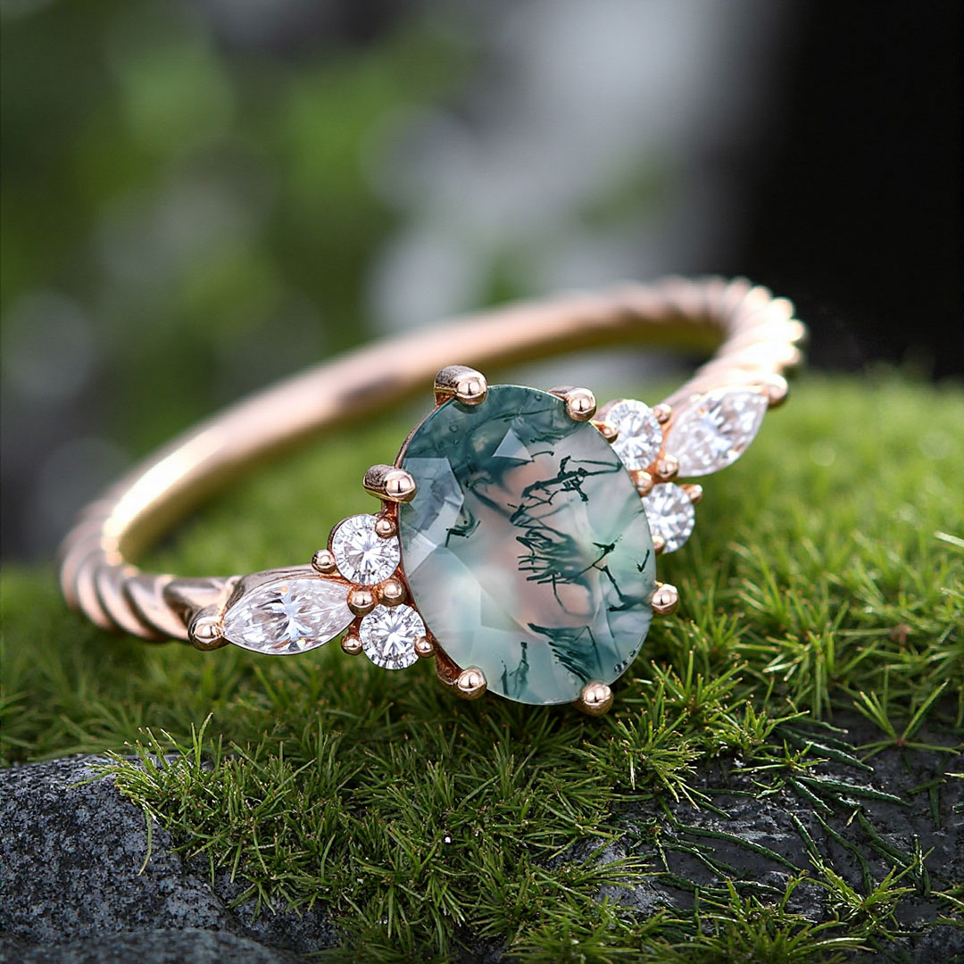 1.65CT Oval Cut Moss Agate With Round & Marquise Cut Moissanite Engagement Ring In Sterling Silver