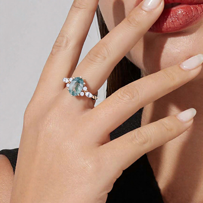 1.65CT Oval Cut Moss Agate With Round & Marquise Cut Moissanite Engagement Ring In Sterling Silver