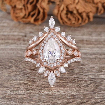 2CT Pear & Round Cut Moissanite Engagement Ring Set In Sterling Silver
