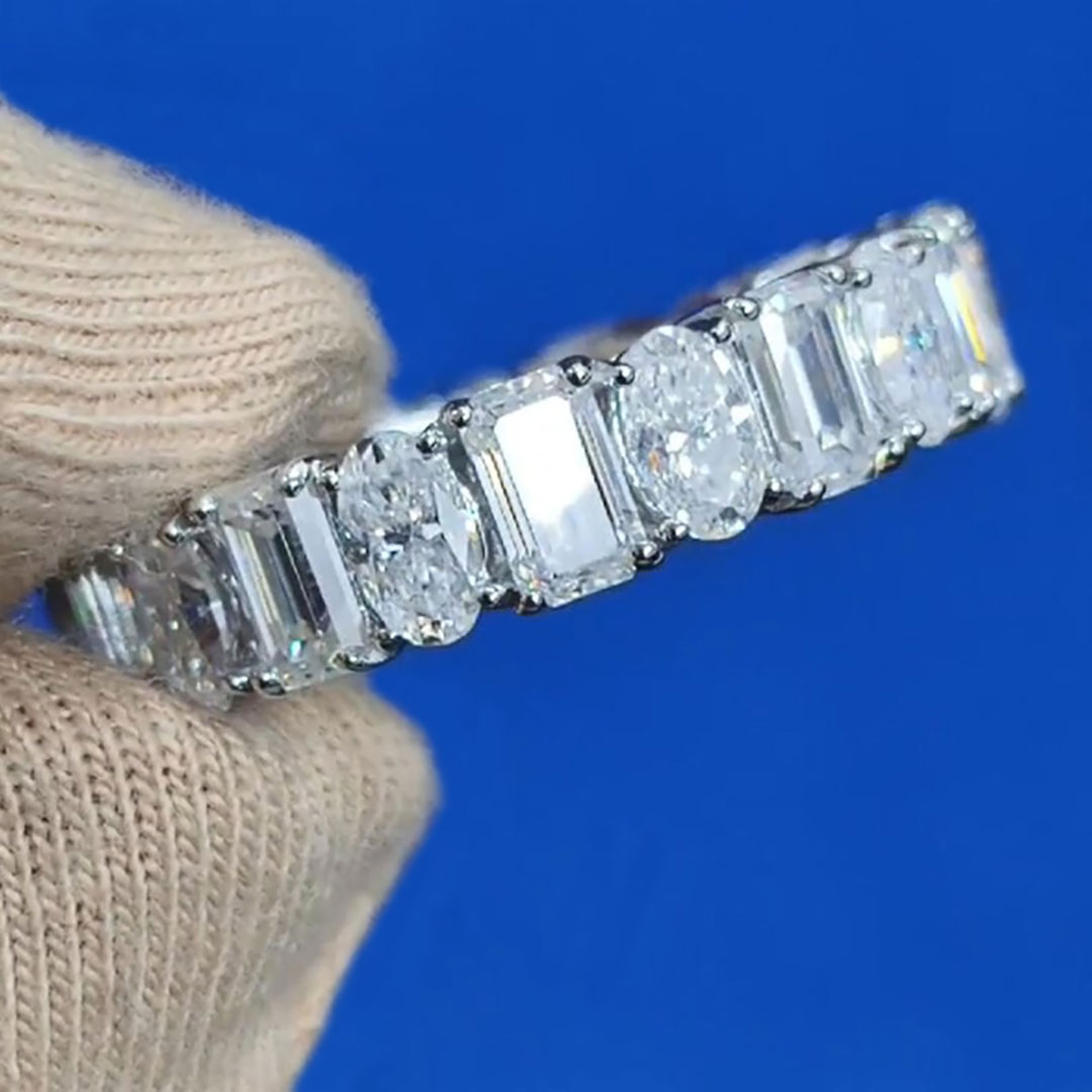 5.28CT Oval & Emerald Cut Moissanite Wedding Band In Sterling Silver