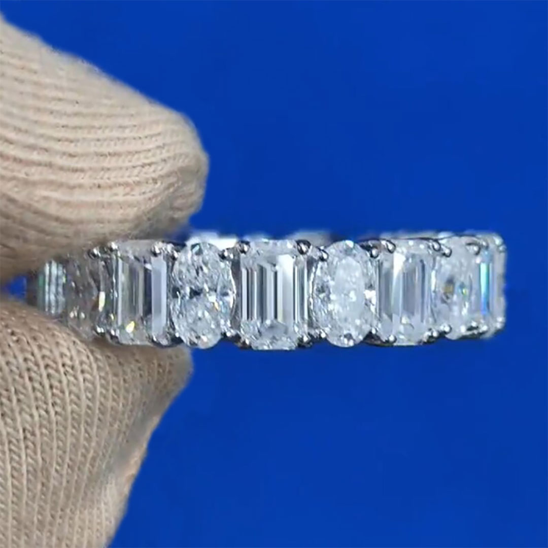 5.28CT Oval & Emerald Cut Moissanite Wedding Band In Sterling Silver
