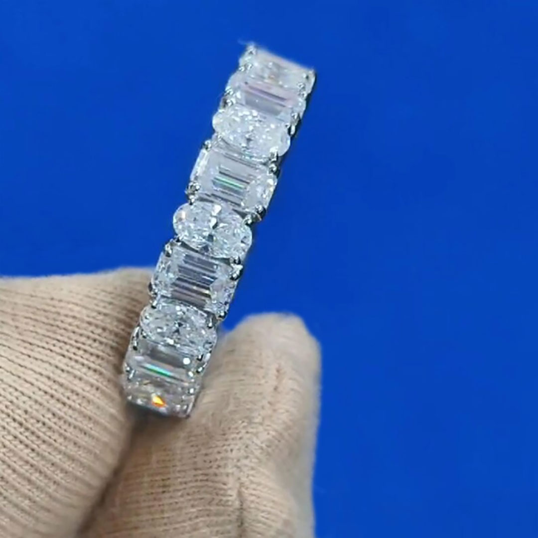 5.28CT Oval & Emerald Cut Moissanite Wedding Band In Sterling Silver