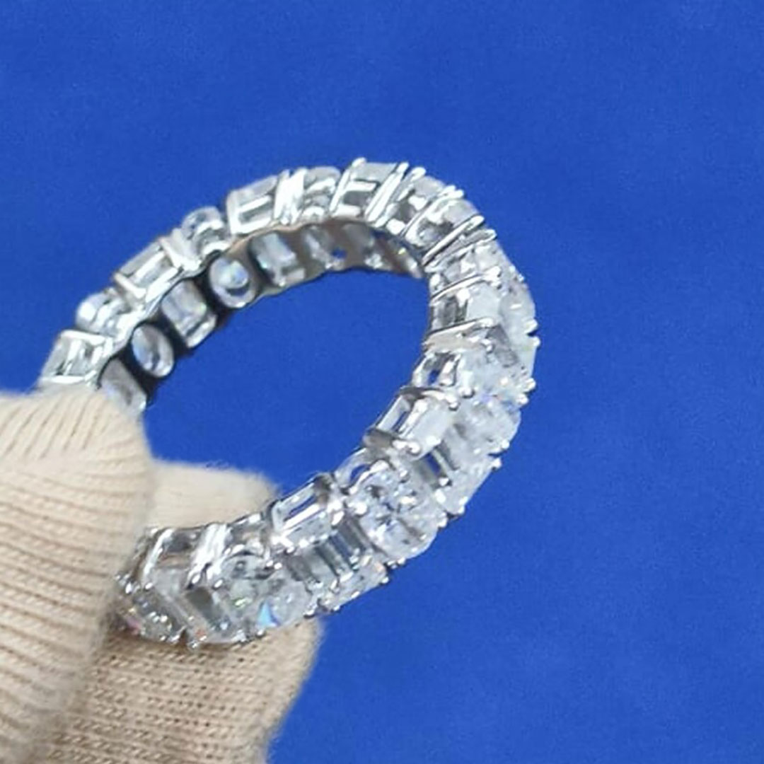 5.28CT Oval & Emerald Cut Moissanite Wedding Band In Sterling Silver