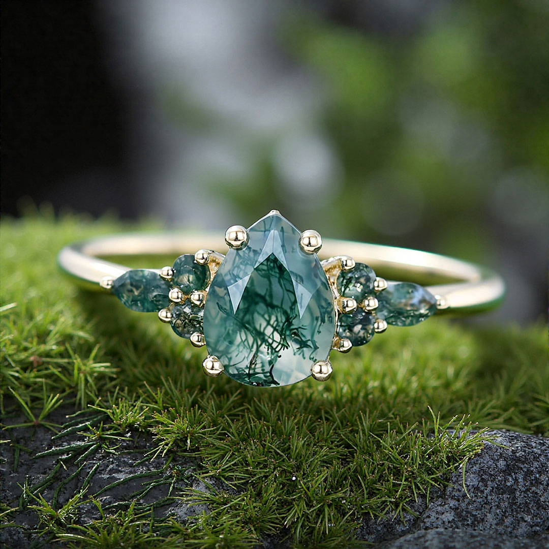 1CT Pear & Round Cut Moss Agate Engagement Ring In Sterling Silver