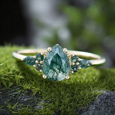 1CT Pear & Round Cut Moss Agate Engagement Ring In Sterling Silver