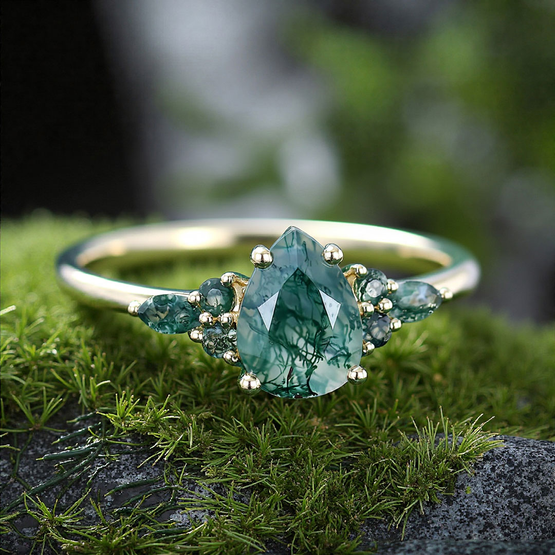 1CT Pear & Round Cut Moss Agate Engagement Ring In Sterling Silver