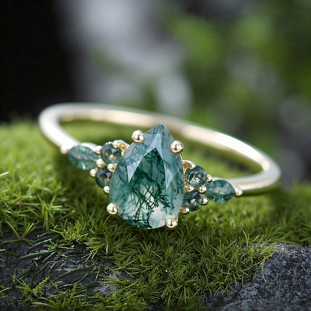 1CT Pear & Round Cut Moss Agate Engagement Ring In Sterling Silver