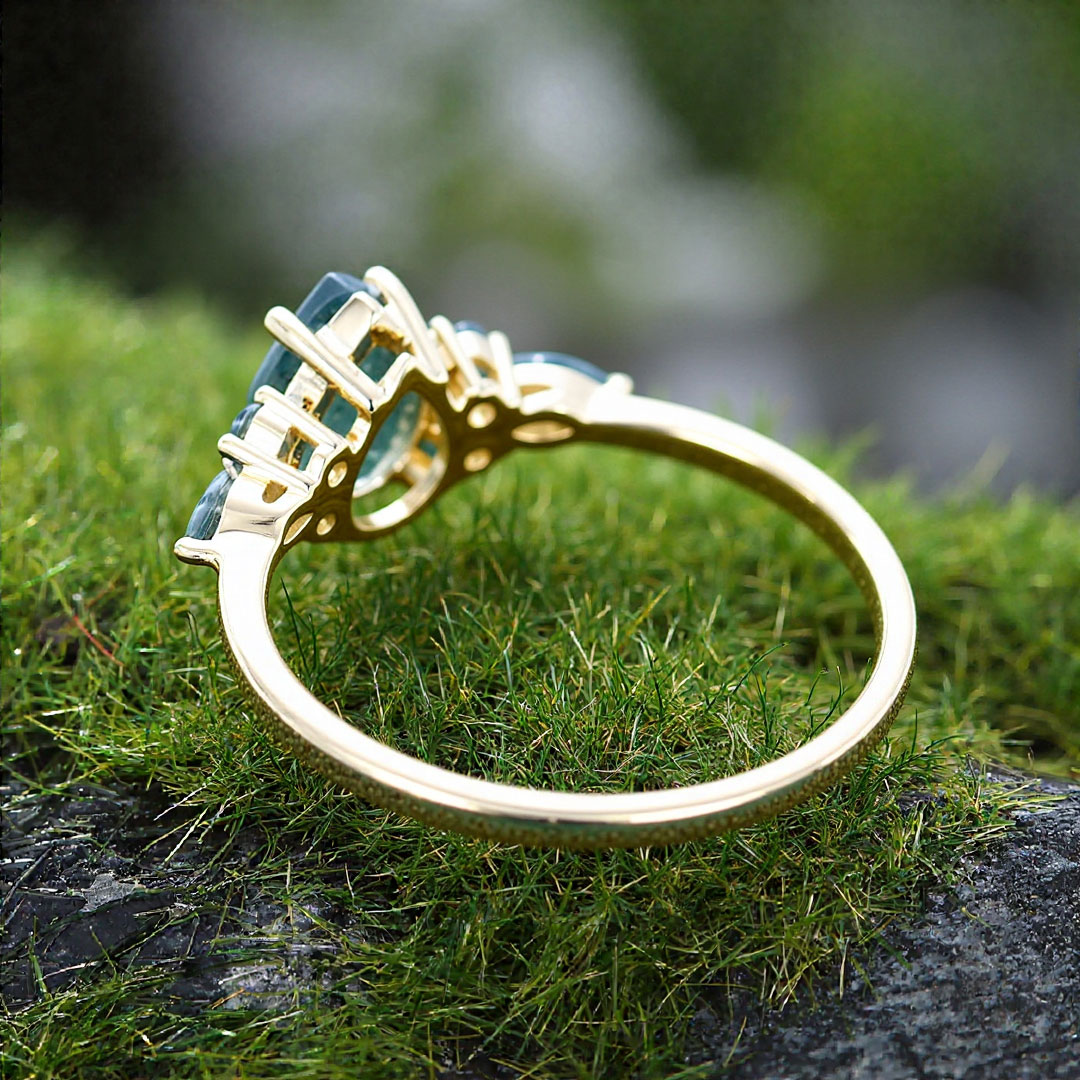 1CT Pear & Round Cut Moss Agate Engagement Ring In Sterling Silver