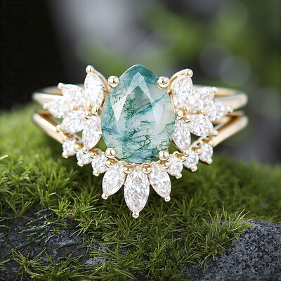 1.5CT Pear Shaped Moss Agate With Marquise & Round Cut Moissanite Engagement Ring Set In Sterling Silver