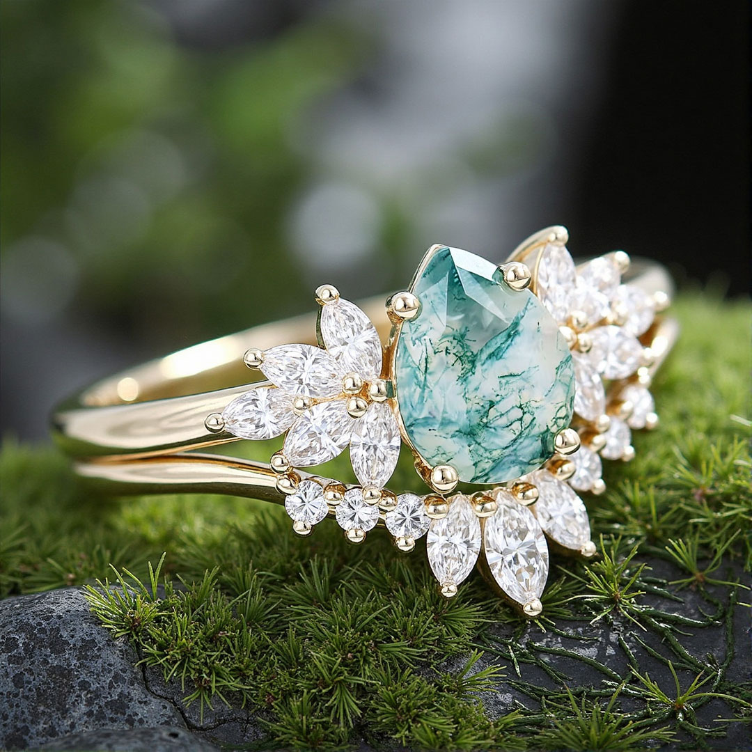 1.5CT Pear Shaped Moss Agate With Marquise & Round Cut Moissanite Engagement Ring Set In Sterling Silver