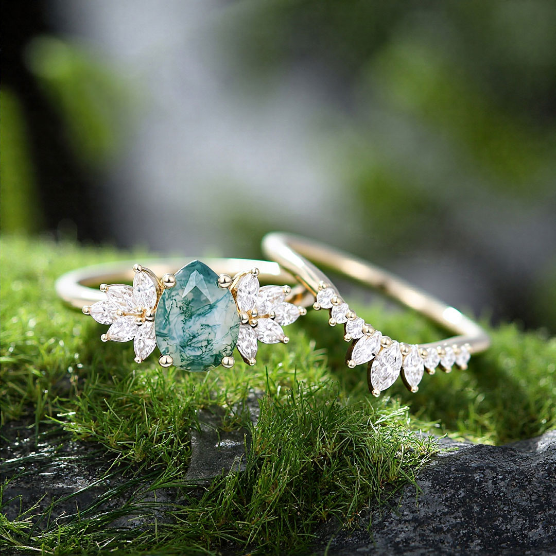 1.5CT Pear Shaped Moss Agate With Marquise & Round Cut Moissanite Engagement Ring Set In Sterling Silver
