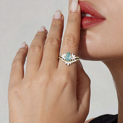 1.5CT Pear Shaped Moss Agate With Marquise & Round Cut Moissanite Engagement Ring Set In Sterling Silver