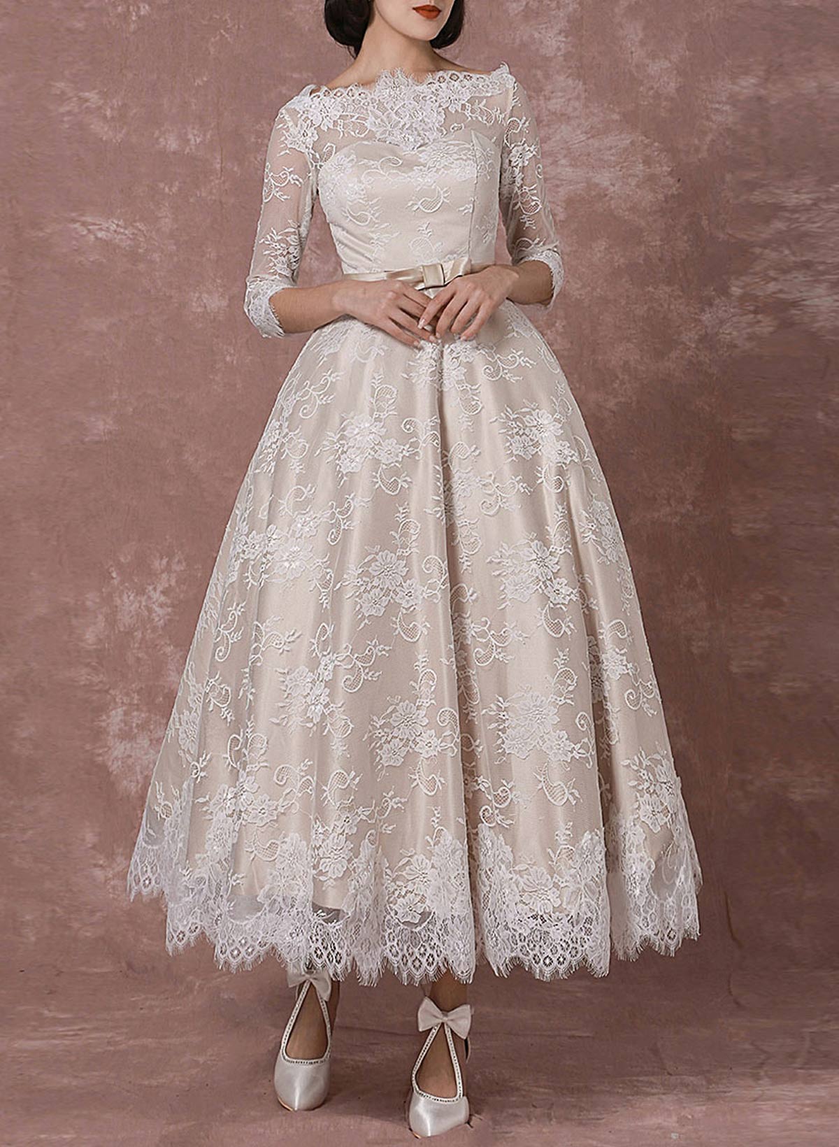 Vintage Inspired Elegant Lace Illusion Neck 3/4 Sleeves A-Line Ankle-Length Wedding Dresses With Bow(s)