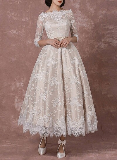 Vintage Inspired Elegant Lace Illusion Neck 3/4 Sleeves A-Line Ankle-Length Wedding Dresses With Bow(s)