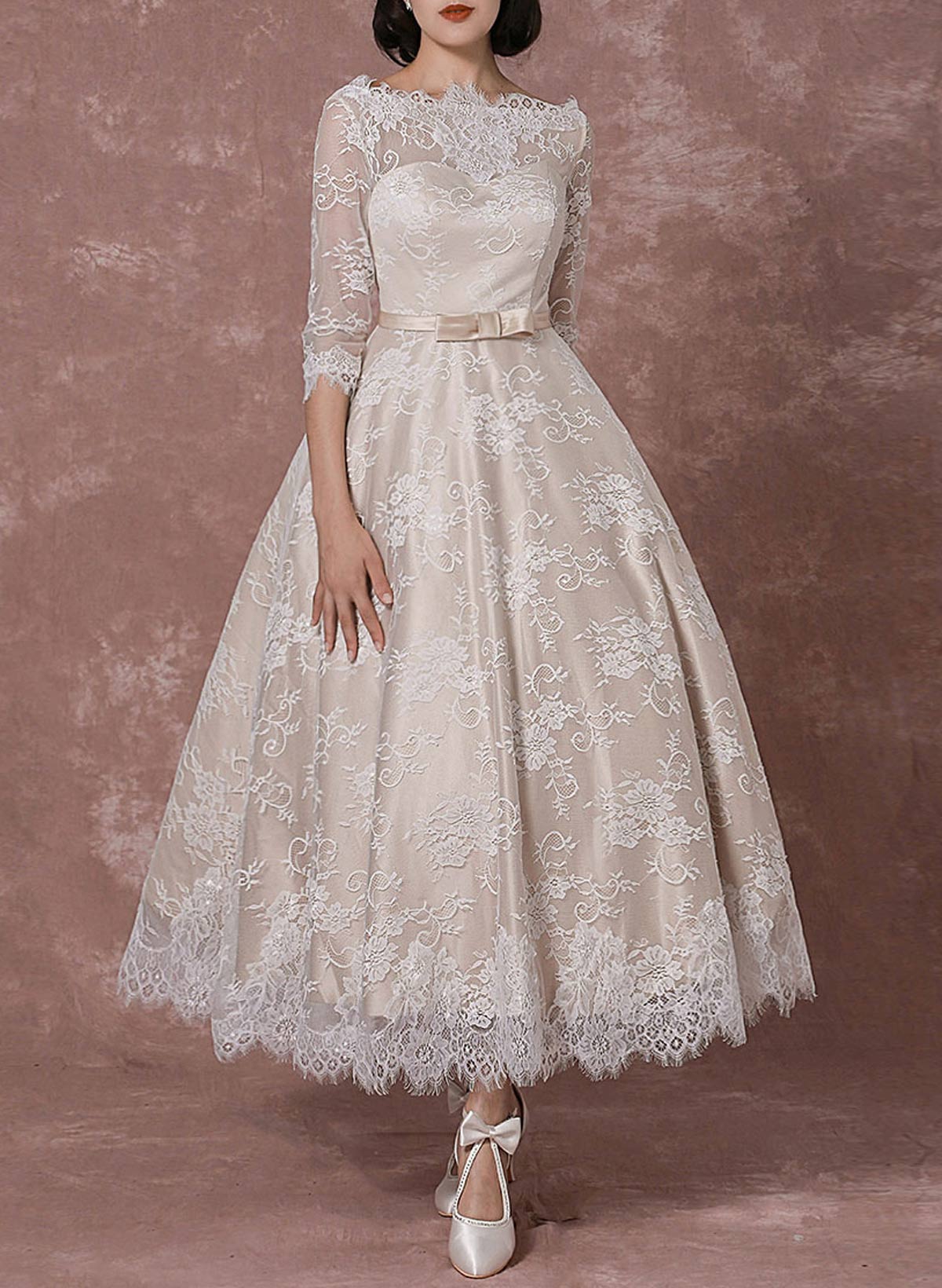 Vintage Inspired Elegant Lace Illusion Neck 3/4 Sleeves A-Line Ankle-Length Wedding Dresses With Bow(s)