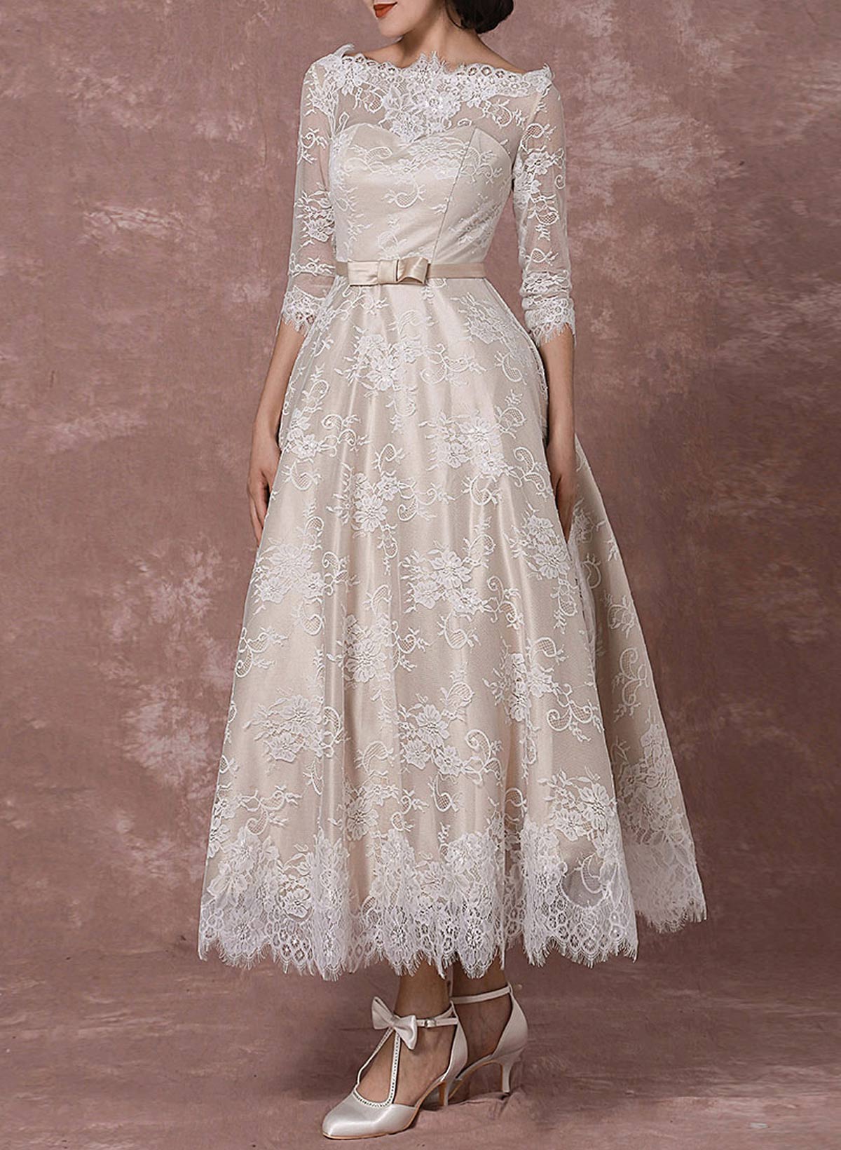 Vintage Inspired Elegant Lace Illusion Neck 3/4 Sleeves A-Line Ankle-Length Wedding Dresses With Bow(s)