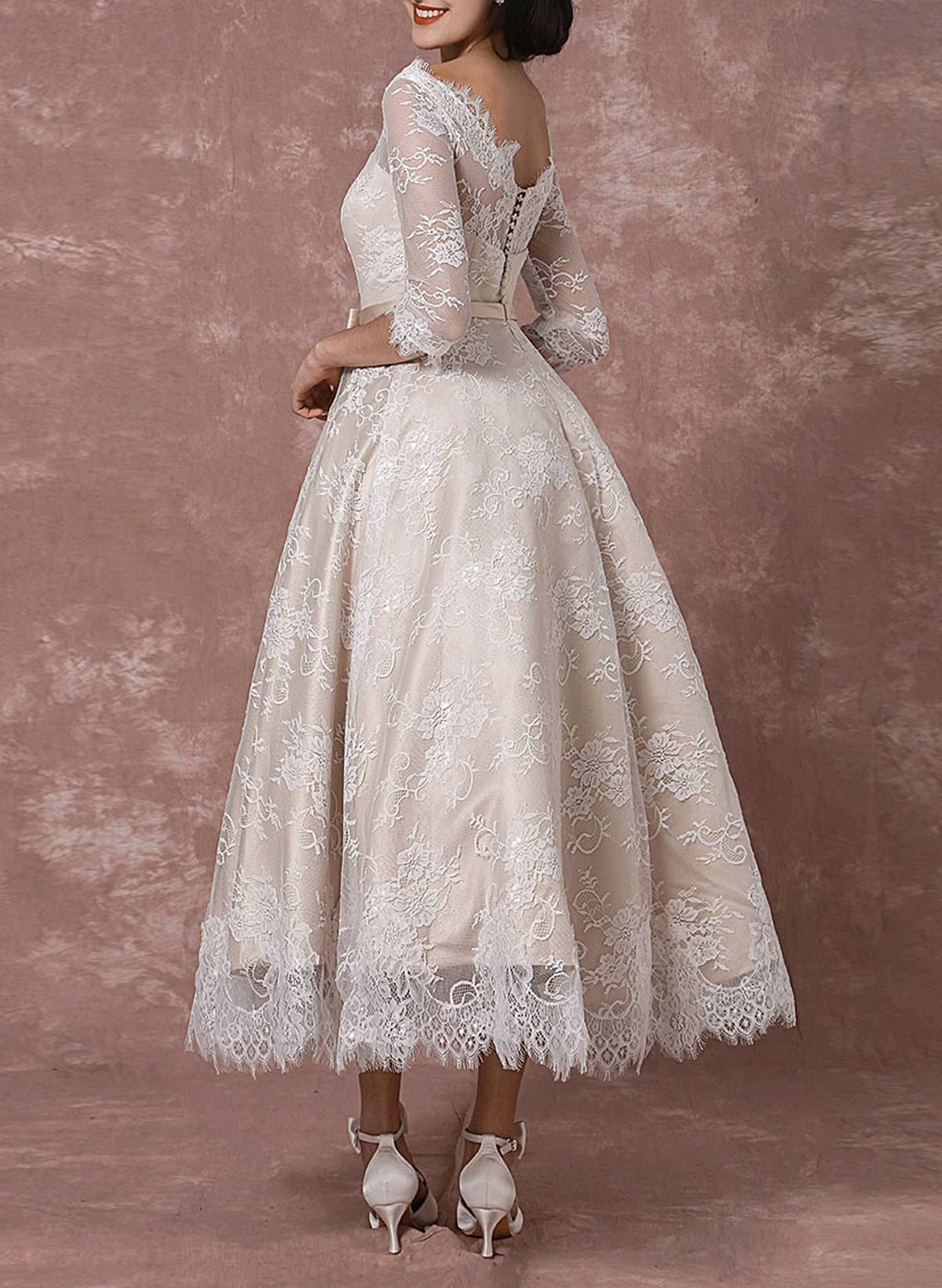 Vintage Inspired Elegant Lace Illusion Neck 3/4 Sleeves A-Line Ankle-Length Wedding Dresses With Bow(s)