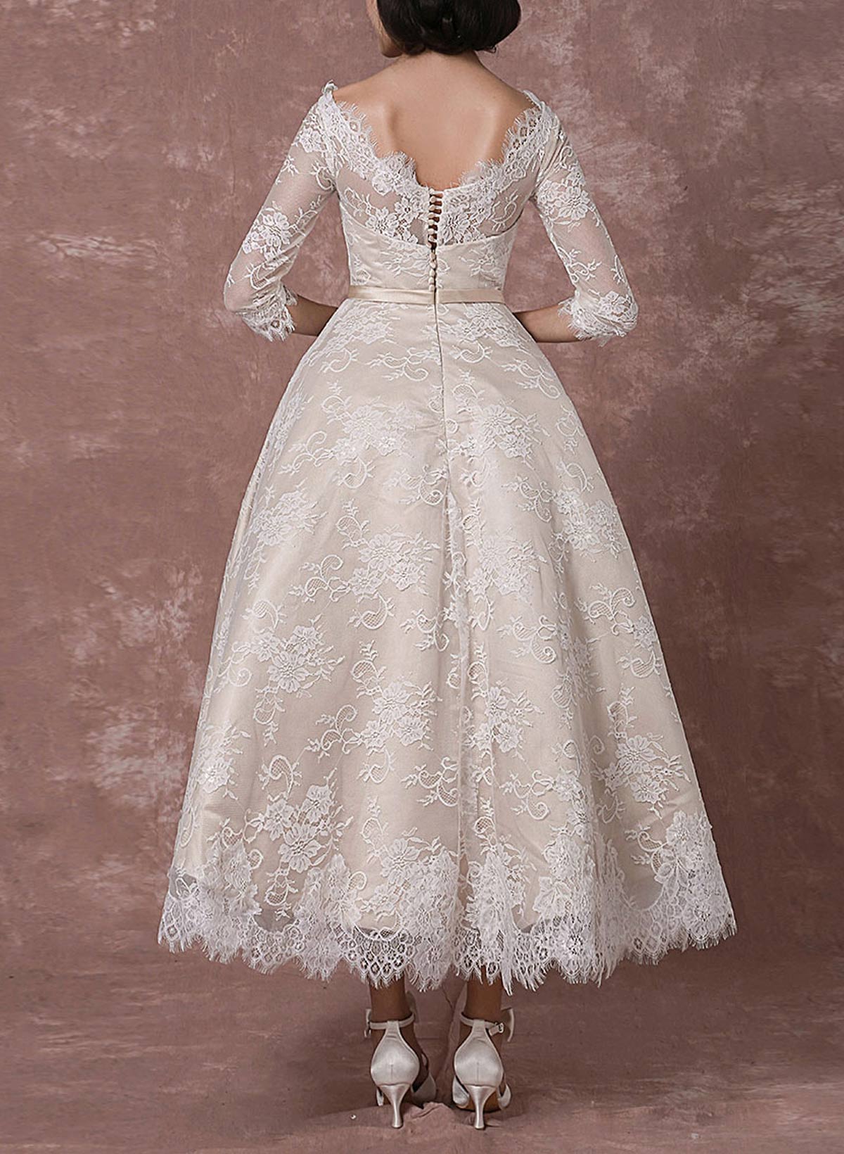 Vintage Inspired Elegant Lace Illusion Neck 3/4 Sleeves A-Line Ankle-Length Wedding Dresses With Bow(s)