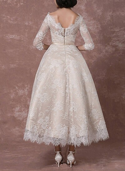 Vintage Inspired Elegant Lace Illusion Neck 3/4 Sleeves A-Line Ankle-Length Wedding Dresses With Bow(s)