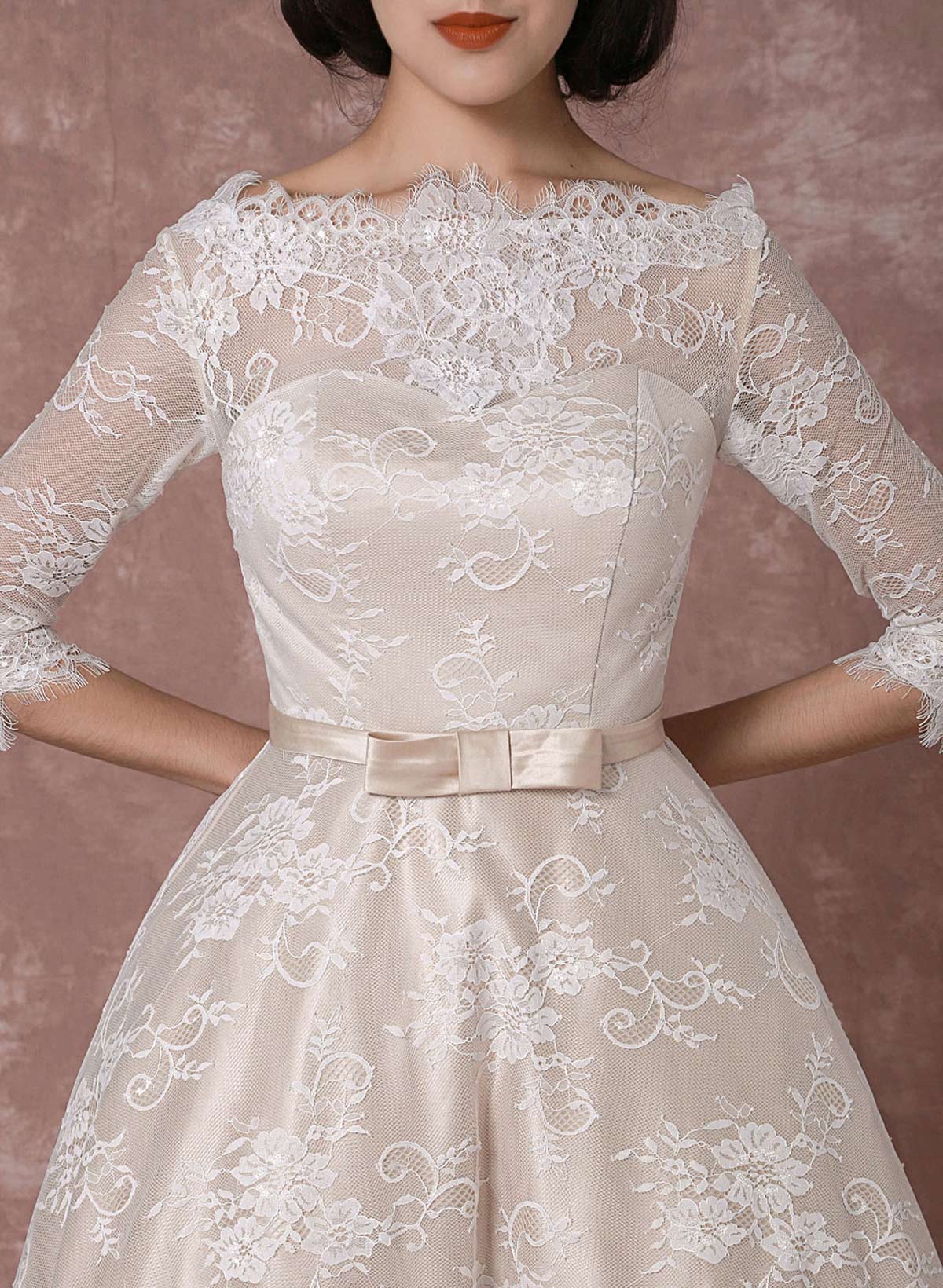 Vintage Inspired Elegant Lace Illusion Neck 3/4 Sleeves A-Line Ankle-Length Wedding Dresses With Bow(s)