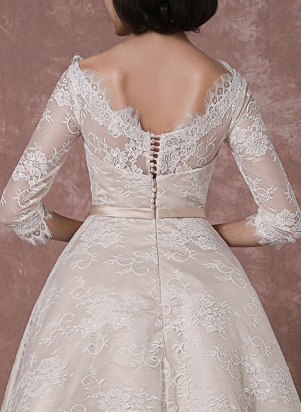 Vintage Inspired Elegant Lace Illusion Neck 3/4 Sleeves A-Line Ankle-Length Wedding Dresses With Bow(s)