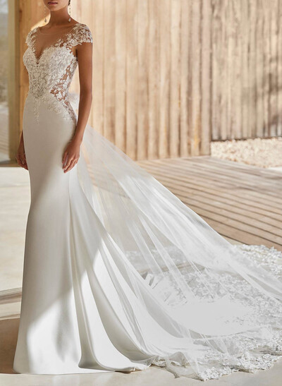 Elegant Lace Illusion Neck Open Back Royal Chiffon/Tulle Wedding Dresses With Flower(s)