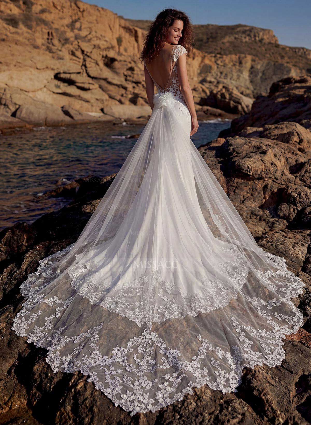 Elegant Lace Illusion Neck Open Back Royal Chiffon/Tulle Wedding Dresses With Flower(s)