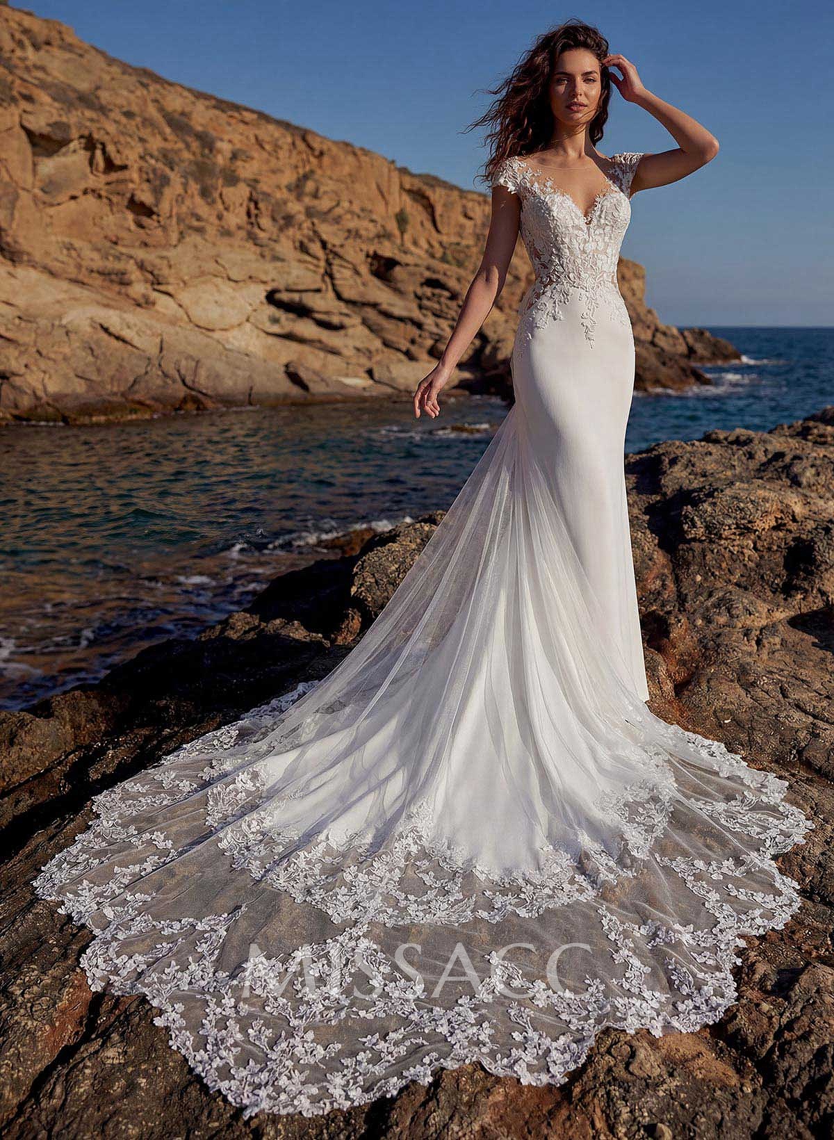 Elegant Lace Illusion Neck Open Back Royal Chiffon/Tulle Wedding Dresses With Flower(s) Elegant Lace Illusion Neck Open Back Royal Chiffon/Tulle Wedding Dresses With Flower(s)