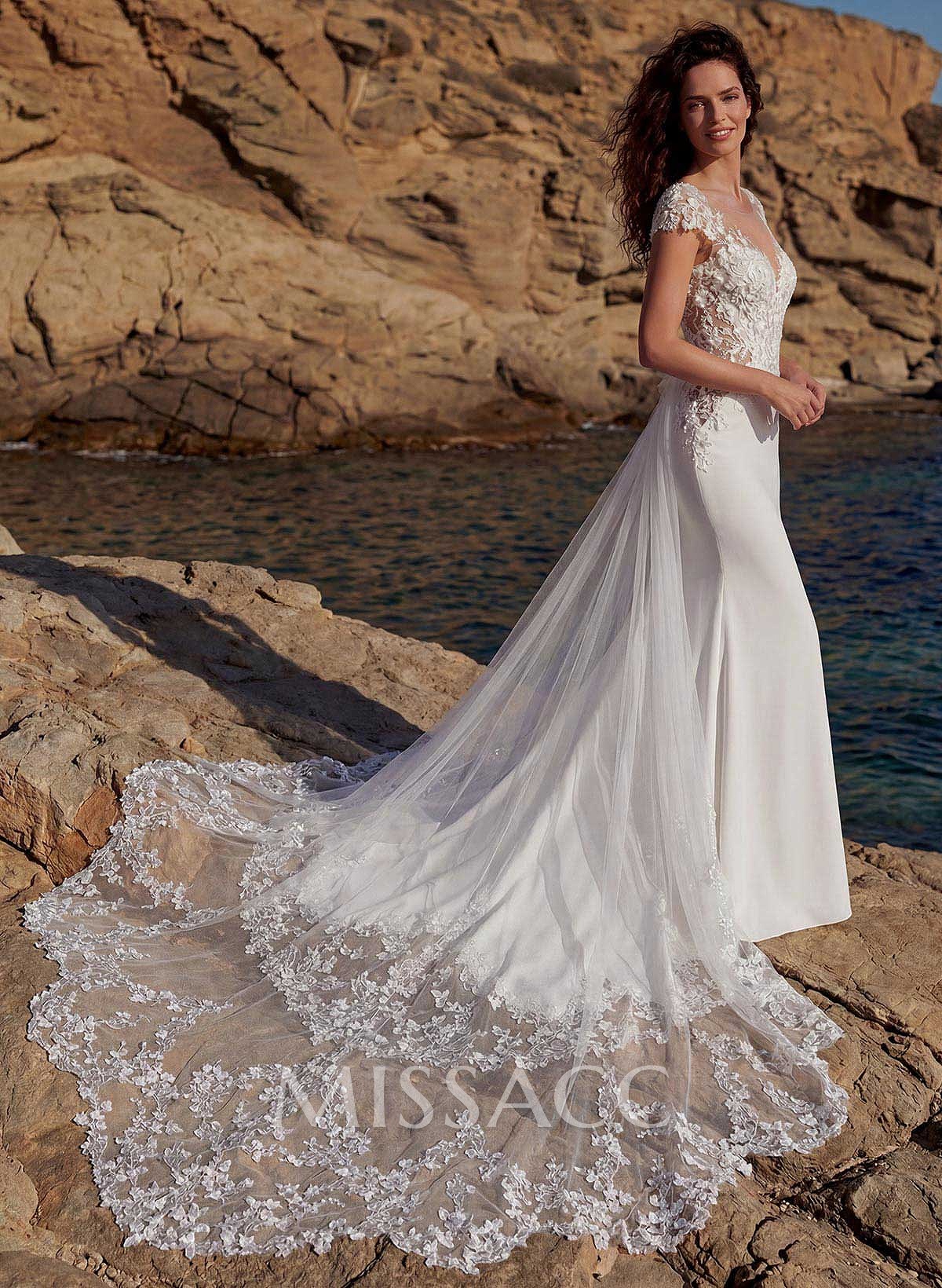 Elegant Lace Illusion Neck Open Back Royal Chiffon/Tulle Wedding Dresses With Flower(s) Elegant Lace Illusion Neck Open Back Royal Chiffon/Tulle Wedding Dresses With Flower(s)