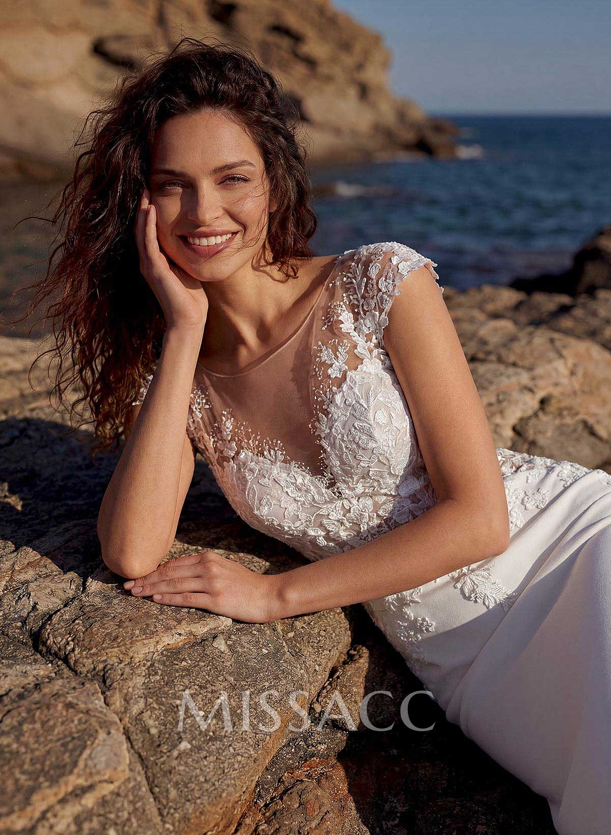 Elegant Lace Illusion Neck Open Back Royal Chiffon/Tulle Wedding Dresses With Flower(s) Elegant Lace Illusion Neck Open Back Royal Chiffon/Tulle Wedding Dresses With Flower(s)